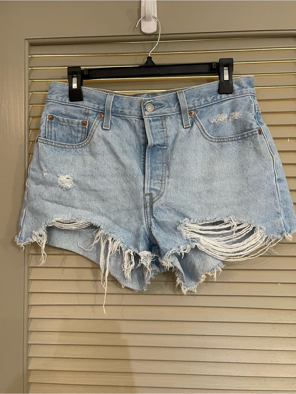 Levi 501 Light Blue Distressed Denim Shorts